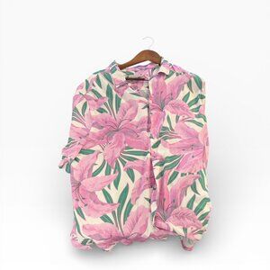 AllSaints XXL Pink Lily Floral Relaxed Fit Short Sleeve Viscose Shirt